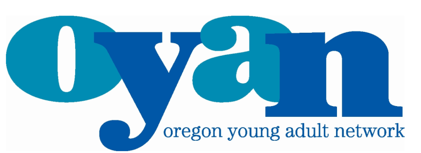 The letters O, Y, A, and N appear in alternating shades of blue. Underneath, the words "oregon young adult network" are also in blue.